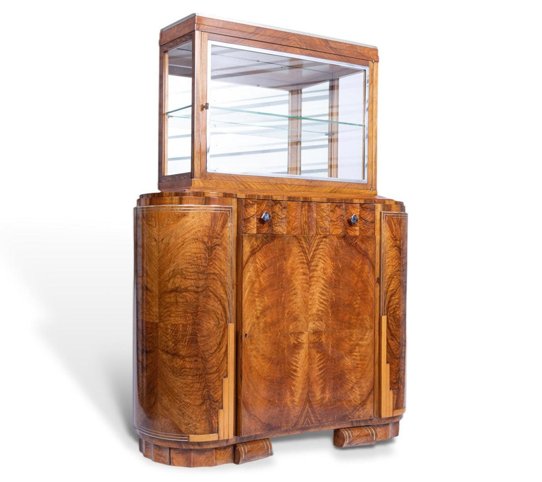 French Art Deco Burl Wood and Glass Bar Cabinet, 1930s