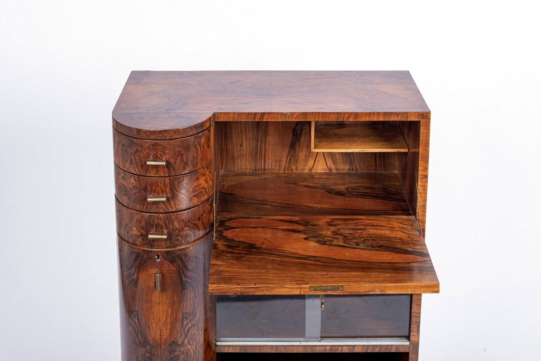 Antique Art Deco Burlwood Secretary Desk Cabinet, 1930s