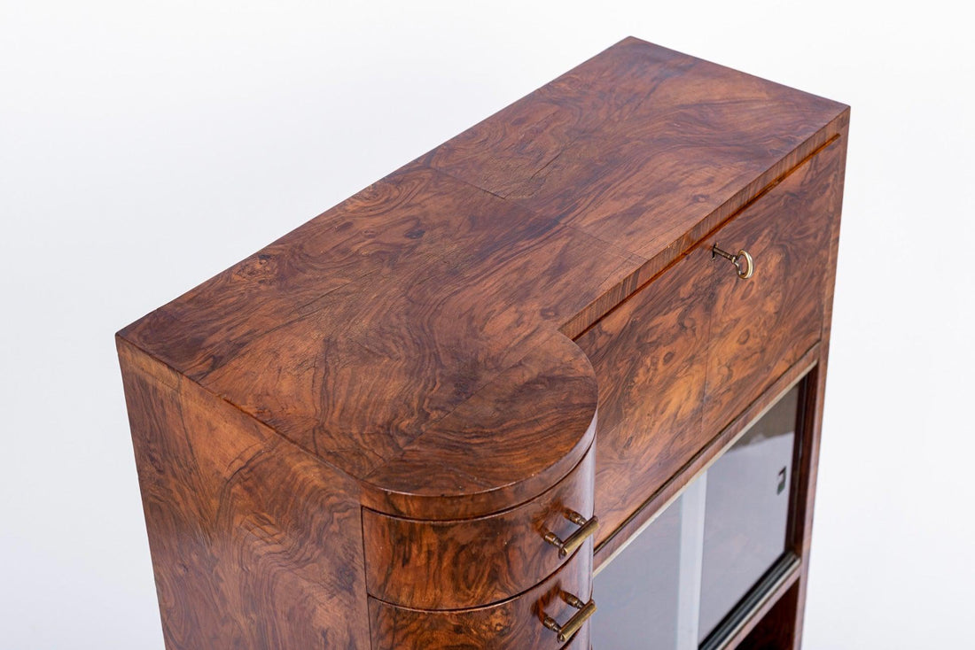 Antique Art Deco Burlwood Secretary Desk Cabinet, 1930s