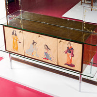 Mid Century Mirrored Bar Cabinet Credenza with Asian Motif, Made in Italy