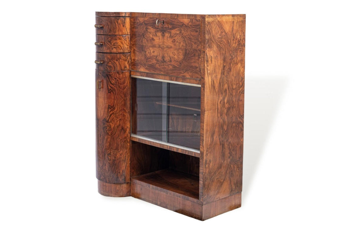 Antique Art Deco Burlwood Secretary Desk Cabinet, 1930s