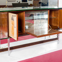 Mid Century Mirrored Bar Cabinet Credenza with Asian Motif, Made in Italy