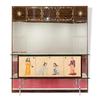 Mid Century Mirrored Bar Cabinet Credenza with Asian Motif, Made in Italy