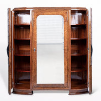 French Art Deco Burl Wood Mirrored Armoire Cabinet, 1930s