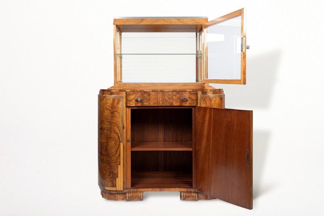French Art Deco Burl Wood and Glass Bar Cabinet, 1930s