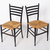 Vintage Mid Century Gio Ponti Leggera Style Black Wood and Rush Seat Side Chairs