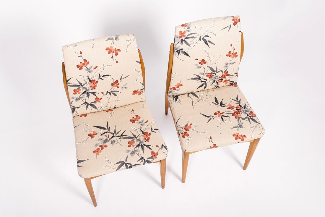 Mid Century Danish Wood Side Chairs with Floral Fabric, 1950s