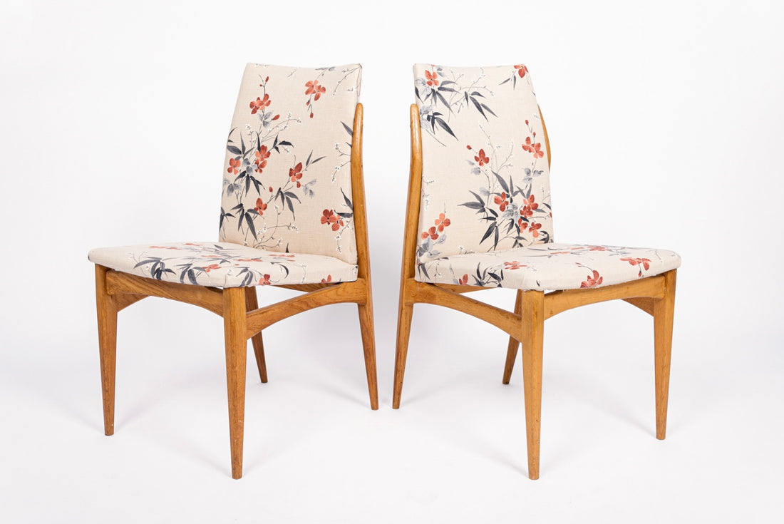 Mid Century Danish Wood Side Chairs with Floral Fabric, 1950s