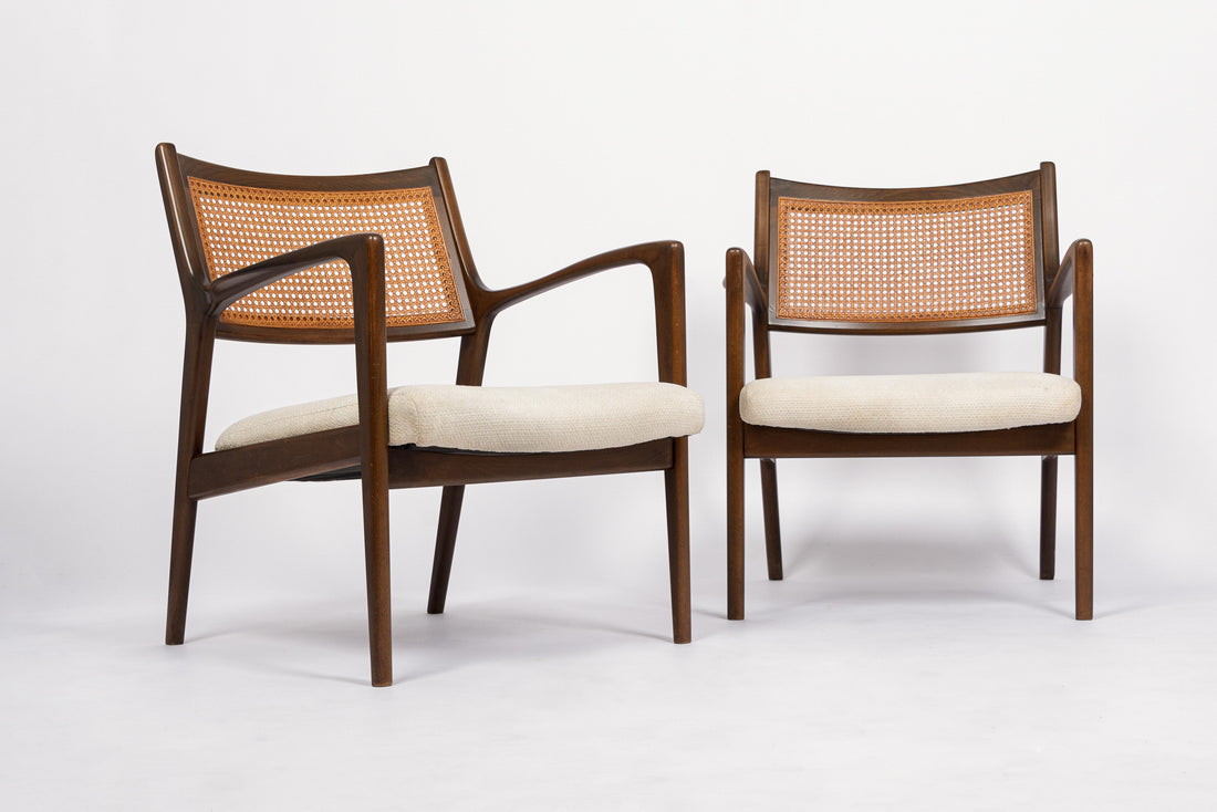 Mid Century White Lounge Chairs with Walnut and Cane Jens Risom Style