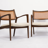 Mid Century White Lounge Chairs with Walnut and Cane Jens Risom Style