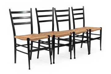 Vintage Mid Century Black Wood and Rush Wicker Dining Chairs
