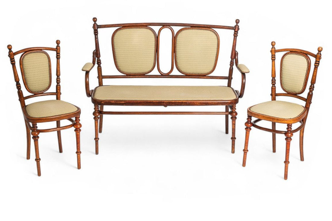 Antique Art Nouveau Bentwood Loveseat Bench and Side Chairs Salon Suite, 1900s