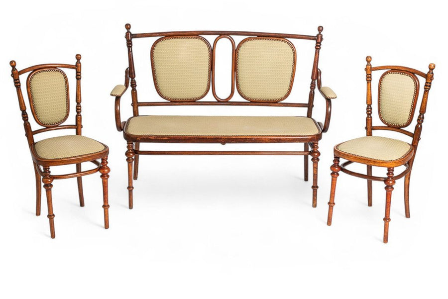 Antique Art Nouveau Bentwood Loveseat Bench and Side Chairs Salon Suite, 1900s