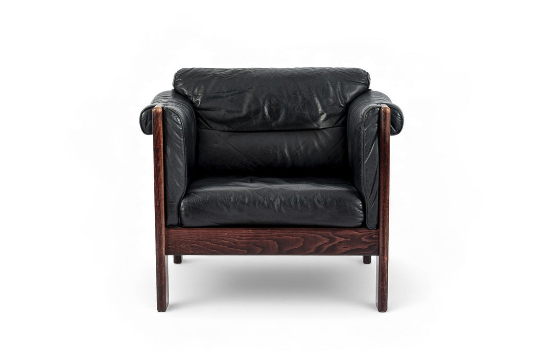 Mid Century Danish Black Leather Lounge Chair in Style of Arne Norell, Matching Sofa