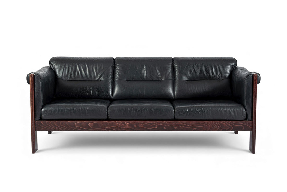 Mid Century Danish Black Leather Sofa in Style of Arne Norell, Matching Chair Avail