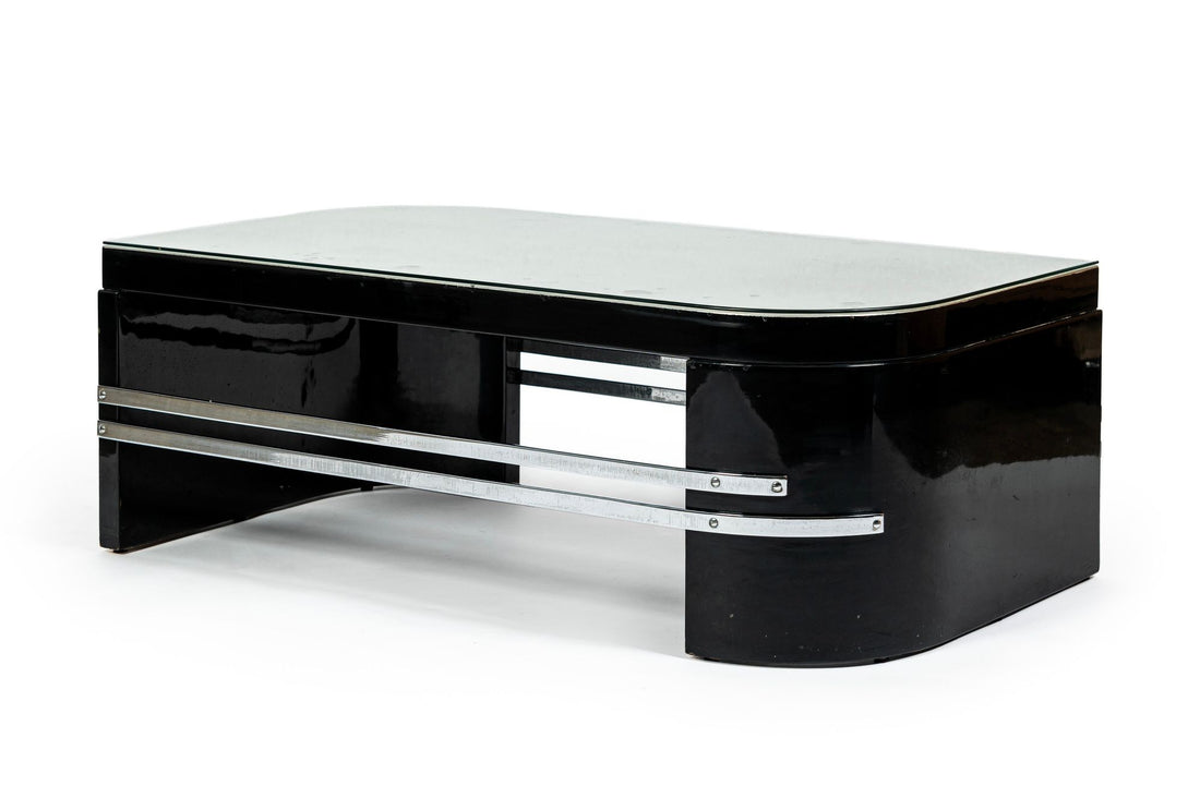 Art Deco Coffee Table in Black Lacquer and Metal Leaf, circa 1935