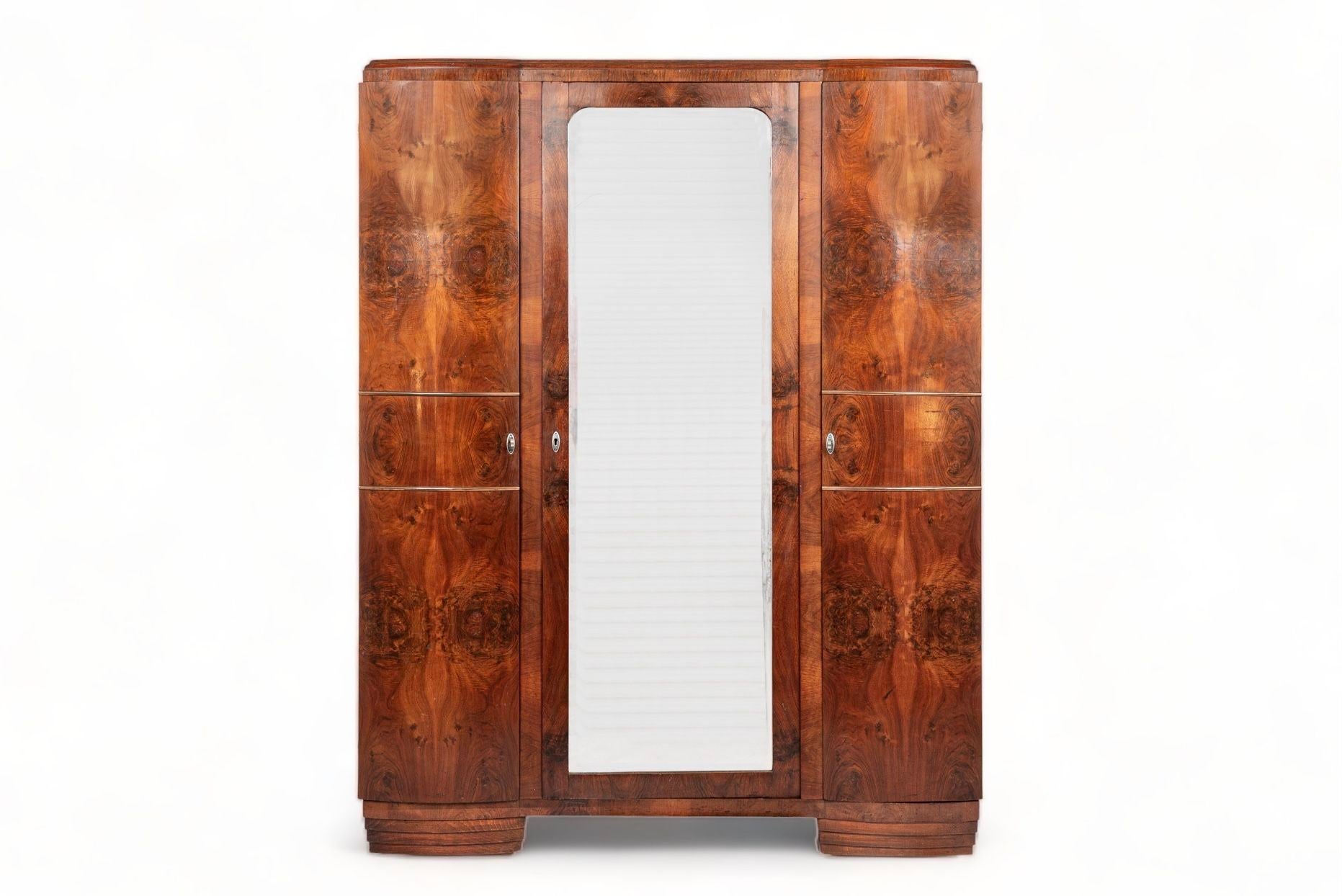 Antique Art Deco Burl Wood Mirrored Armoire Cabinet, 1930s