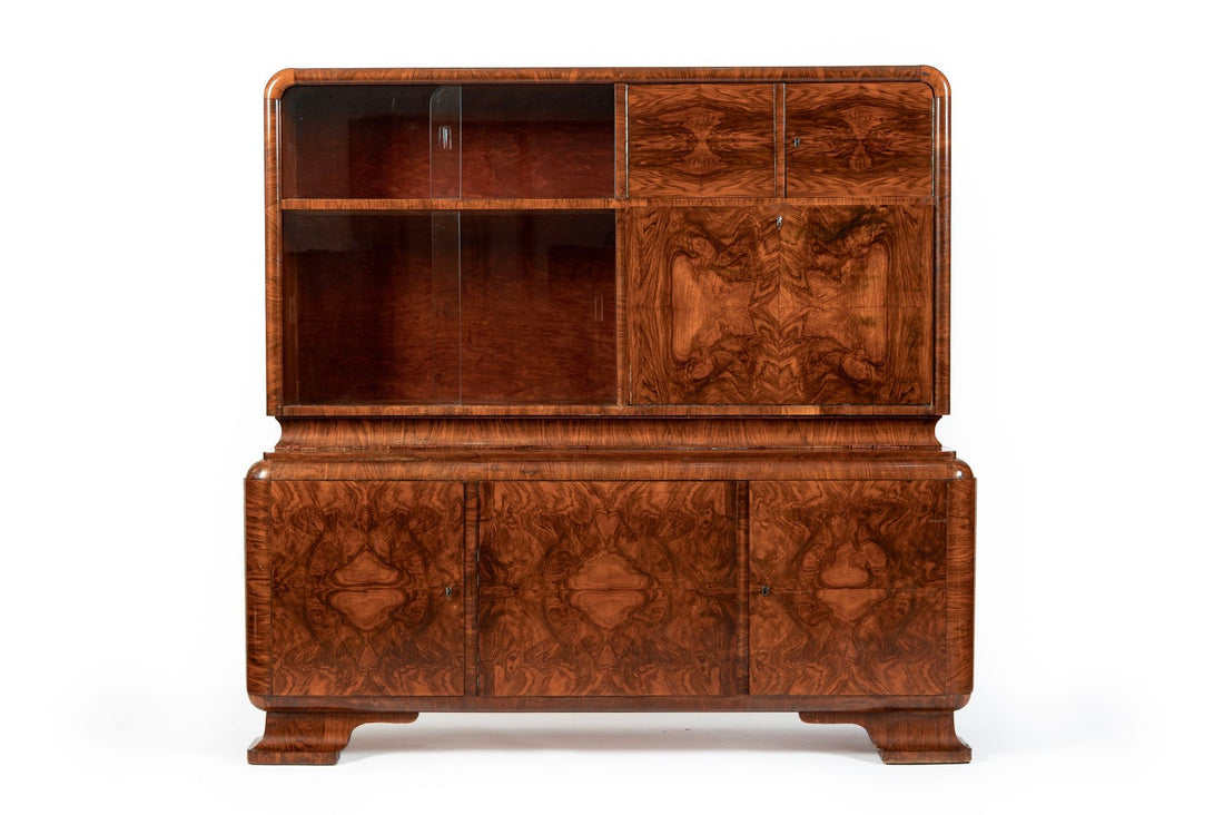 Antique Art Deco Burl Wood China Cabinet or Bar Cabinet with Drop-down Tabletop 1930s