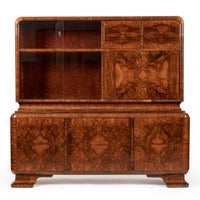 Antique Art Deco Burl Wood China Cabinet or Bar Cabinet with Drop-down Tabletop 1930s