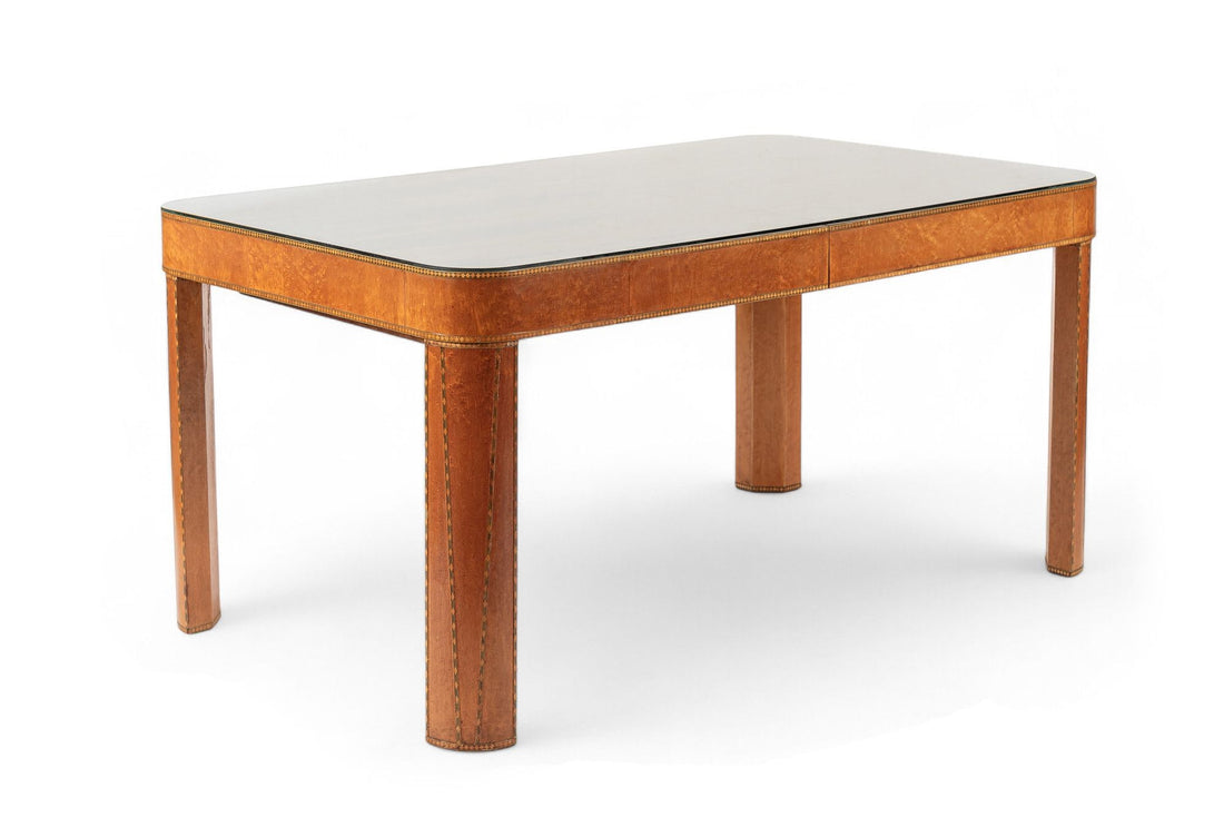 Antique Art Deco Macassar Ebony Wood Dining Table with Glass Top, 1940s
