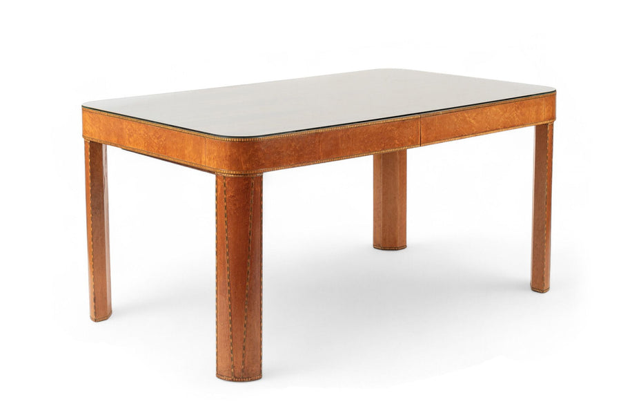 Antique Art Deco Macassar Ebony Wood Dining Table with Glass Top, 1940s