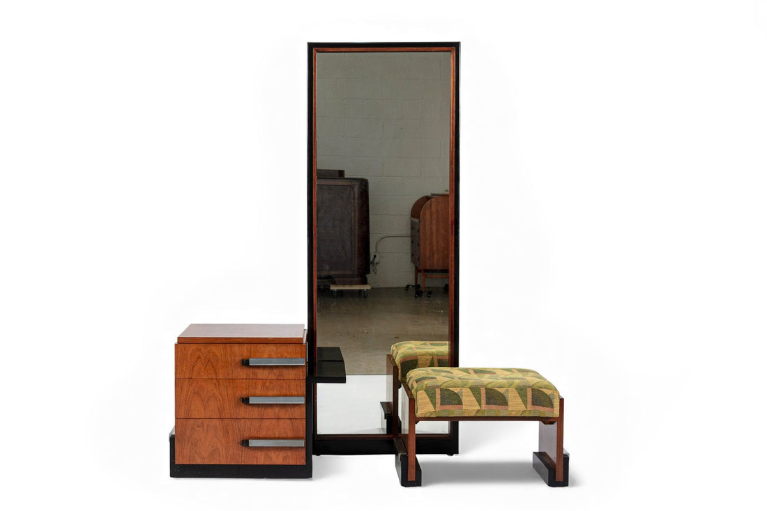 Antique Art Deco Wood Vanity Mirror & Stool by Donald Deskey for Widdicomb 1930s