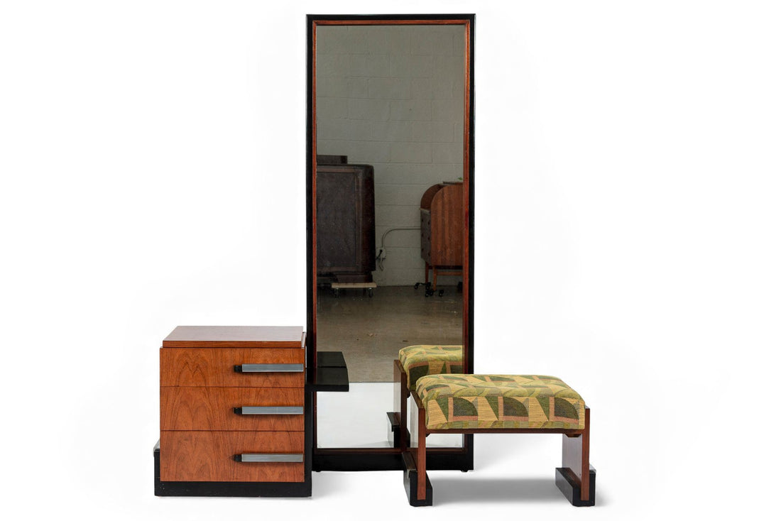 Antique Art Deco Wood Vanity Mirror & Stool by Donald Deskey for Widdicomb 1930s