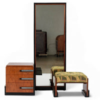 Antique Art Deco Wood Vanity Mirror & Stool by Donald Deskey for Widdicomb 1930s