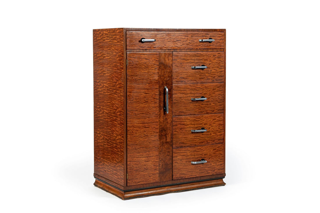 Art Deco Tiger Wood Dresser Cabinet, Vintage Streamline Modern 1940s