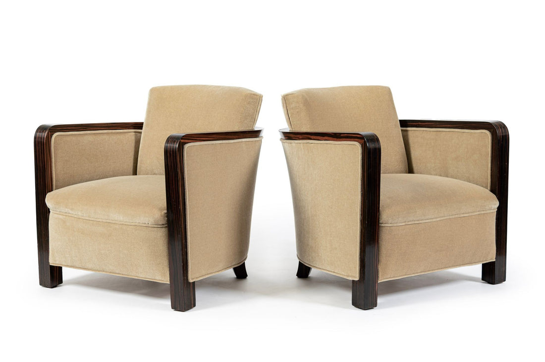 French Art Deco Mohair Lounge Chairs by Eric Bagge for Mercier Frères, Macassar Ebony, 1920s
