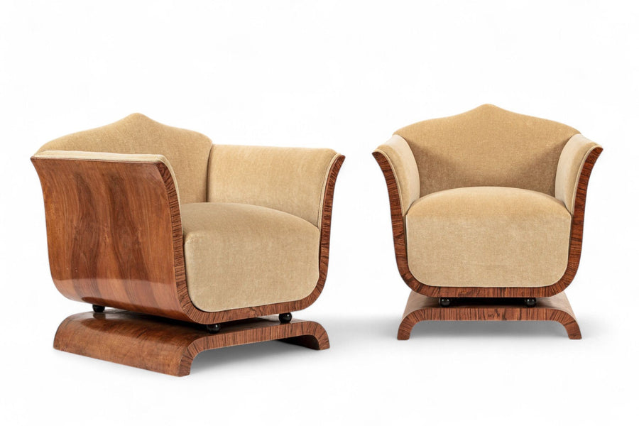 1930s Antique French Art Deco Mohair & Burl Wood Lounge Chairs