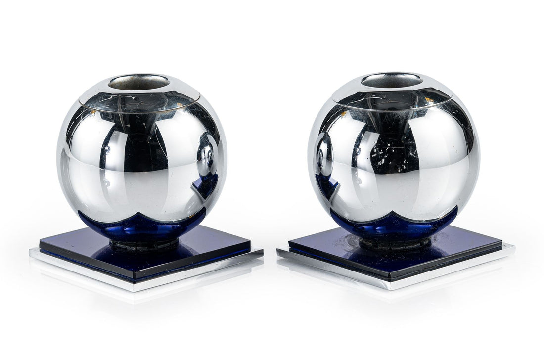 Art Deco Chrome and Cobalt Blue Candleholders by Walter von Nessen for Chase, 1930s