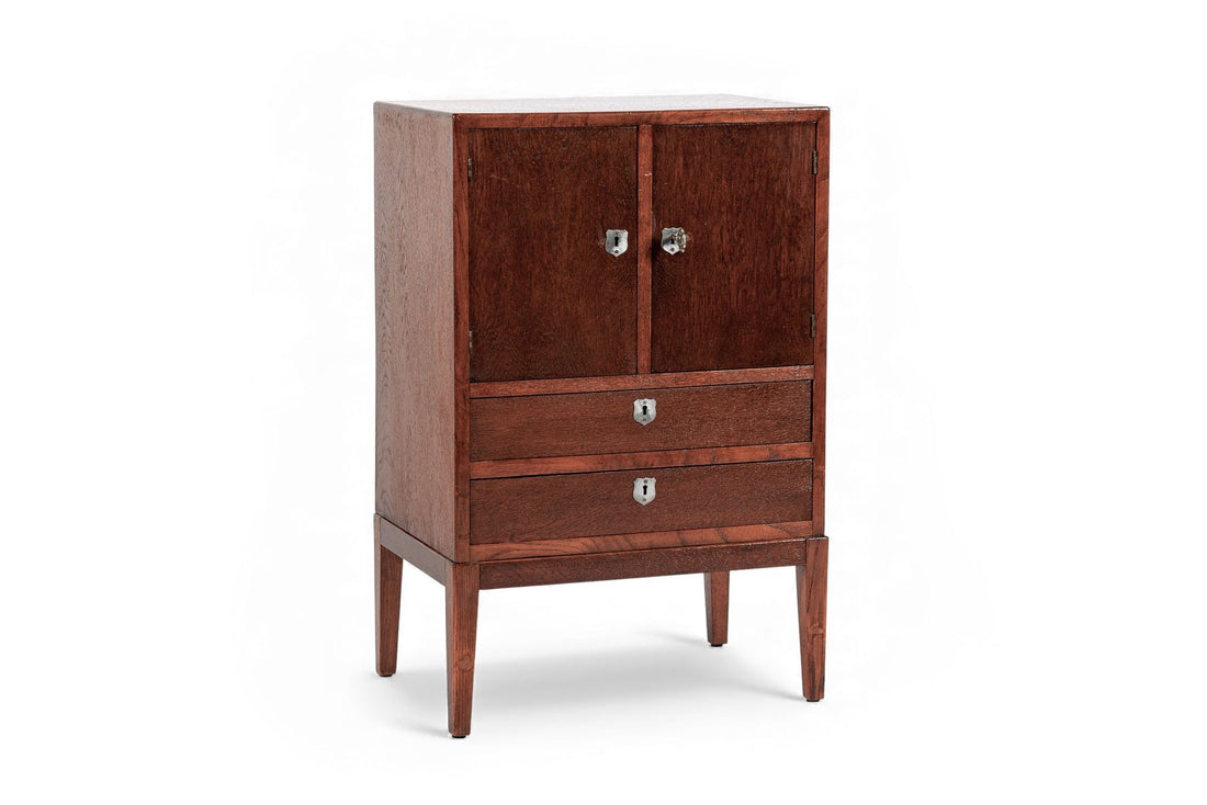 Antique Art Deco Scandinavian Small Oak Wood Side Cabinet or Nightstand 1950s