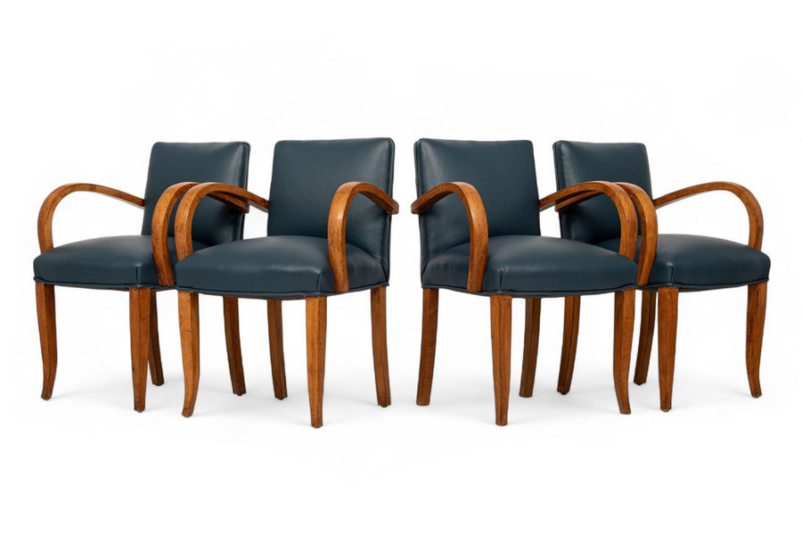 Antique Art Deco Maple Bentwood and Blue Leather Dining Chairs 1930s