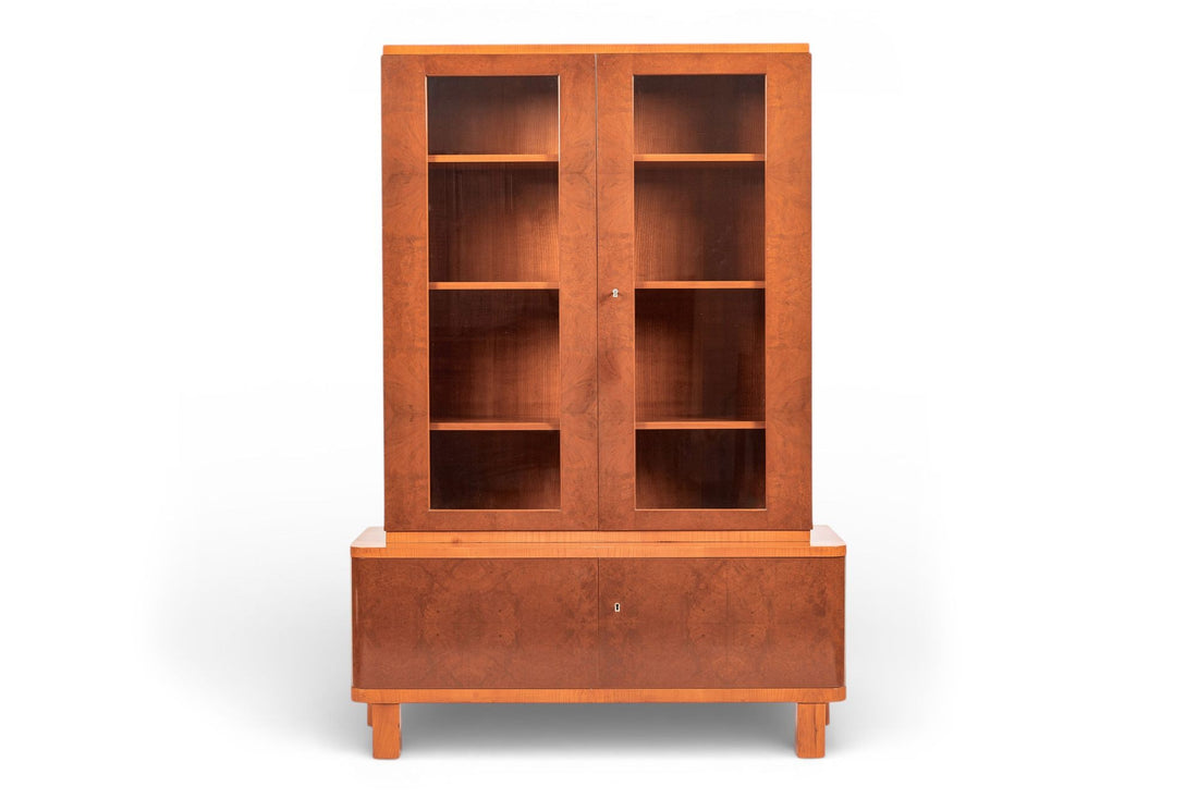 Art Deco Cherry & Burl Wood Display China or Bar Cabinet 1930s