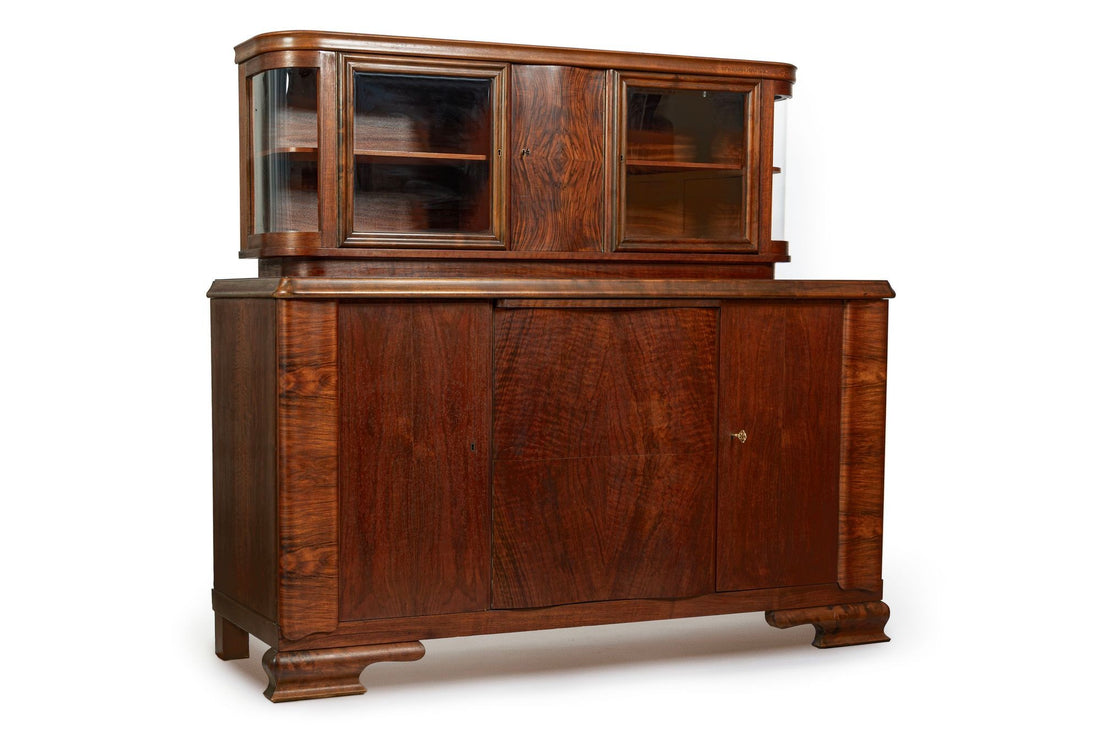 Art Deco Figured Walnut Sideboard Buffet or Bar Cabinet with Vitrine, circa 1930
