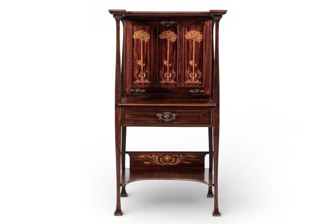 Antique Art Nouveau Scottish Mahogany Floral Secretary Cabinet