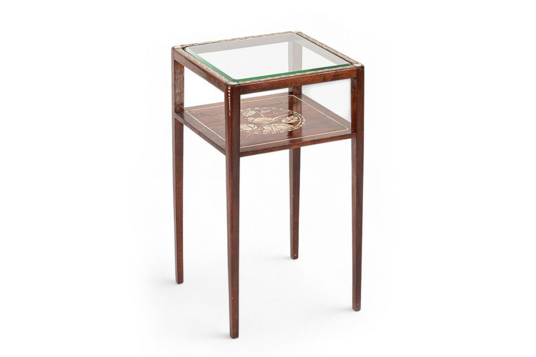 Antique French Art Nouveau Small Handpainted Mahogany Wood & Glass Side Table