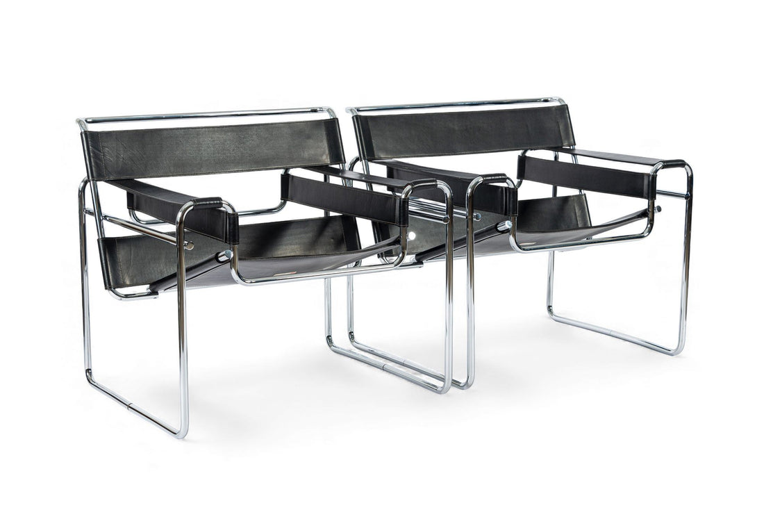 Mid Century Black Leather Wassily Arm Chairs by Marcel Breuer for Knoll, 1960s