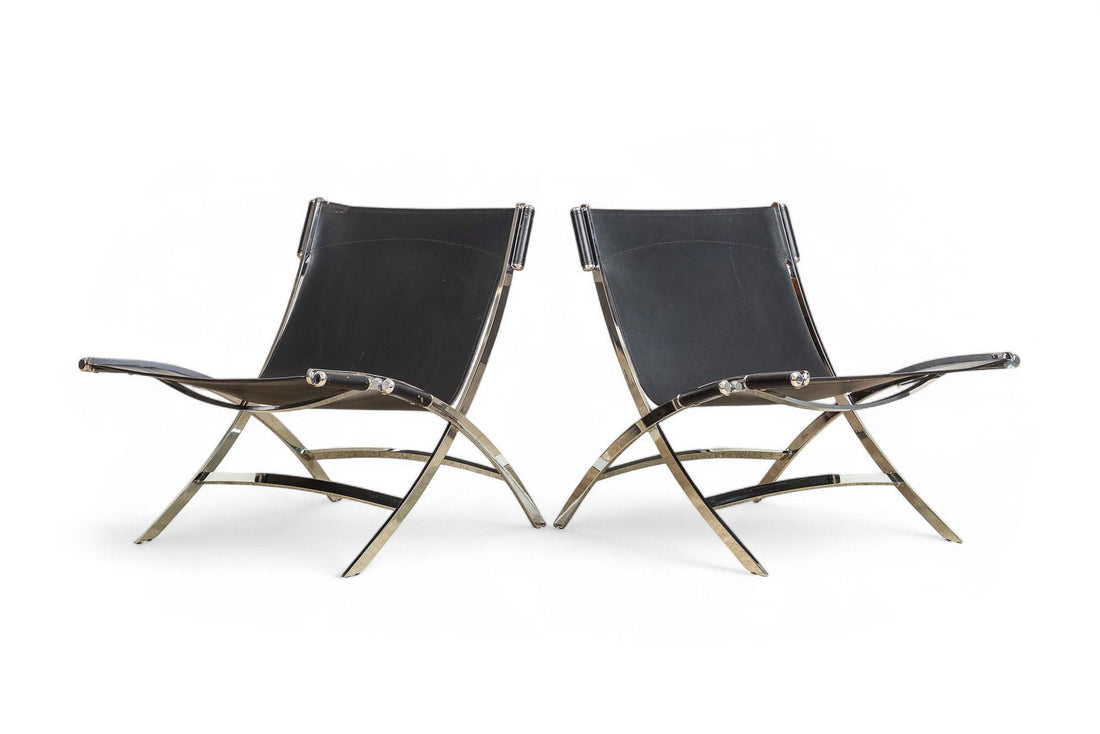 Vintage Postmodern Black Leather and Chrome Lounge Chairs by Antonio Citterio
