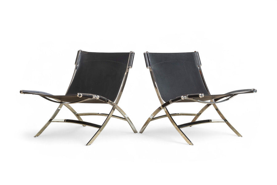 Vintage Postmodern Black Leather and Chrome Lounge Chairs by Antonio Citterio