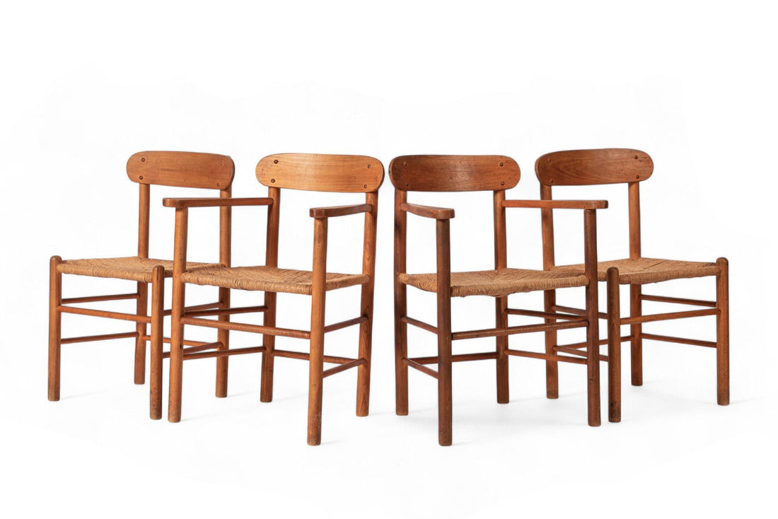 Mid Century Danish Wood & Rush Wicker Dining Chairs