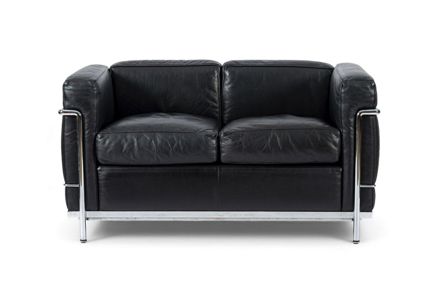 Authentic Cassina LC2 Black Leather Two-Seat Sofa by Le Corbusier 1994