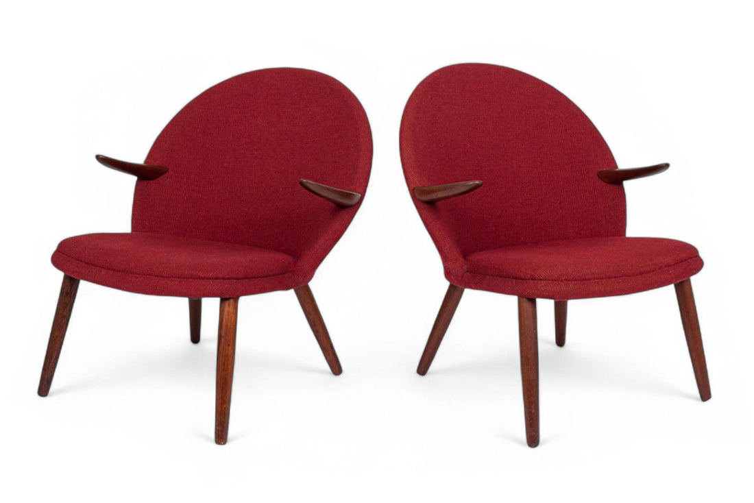 Danish Mid Century Modern Red Upholstery Lounge Chairs by Kurt Olsen, 1960s