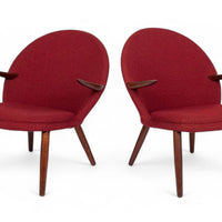 Danish Mid Century Modern Red Upholstery Lounge Chairs by Kurt Olsen, 1960s