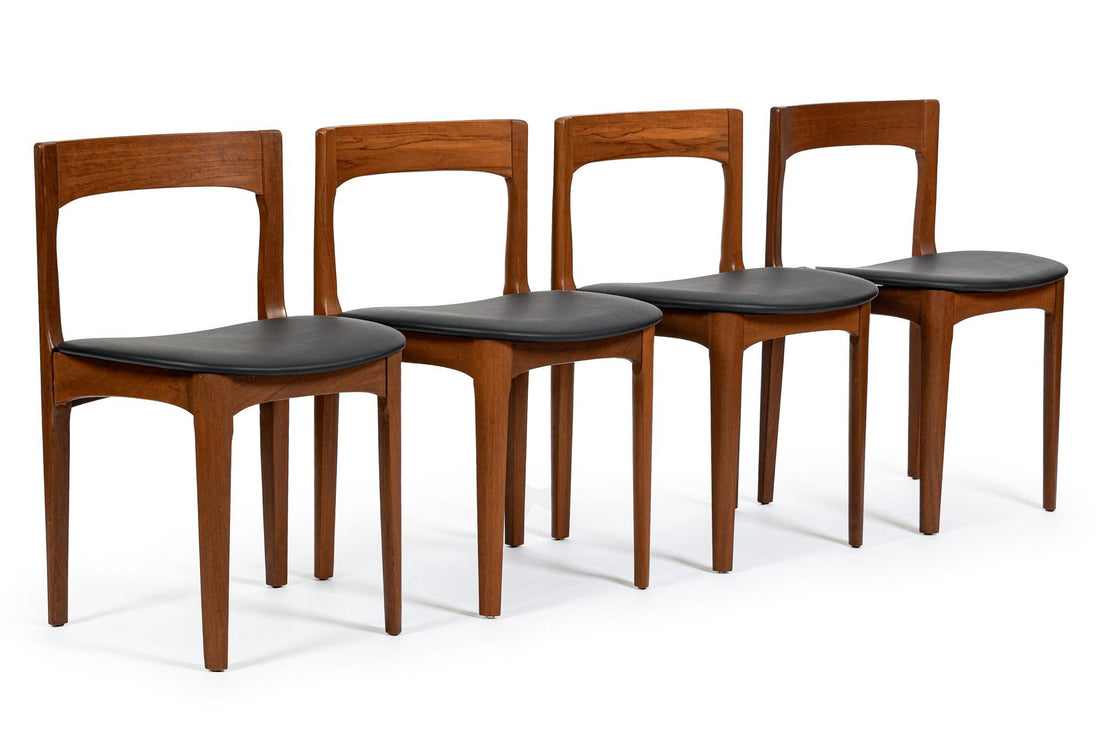 Mid Century Danish Teak Wood & Black Vinyl Dining Chairs, Set of 4
