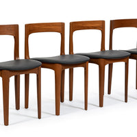 Mid Century Danish Teak Wood & Black Vinyl Dining Chairs, Set of 4