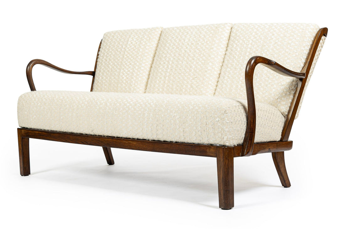 Danish Modern Solid Walnut Spindle Back Sofa in Schumacher Fabric, Circa 1960