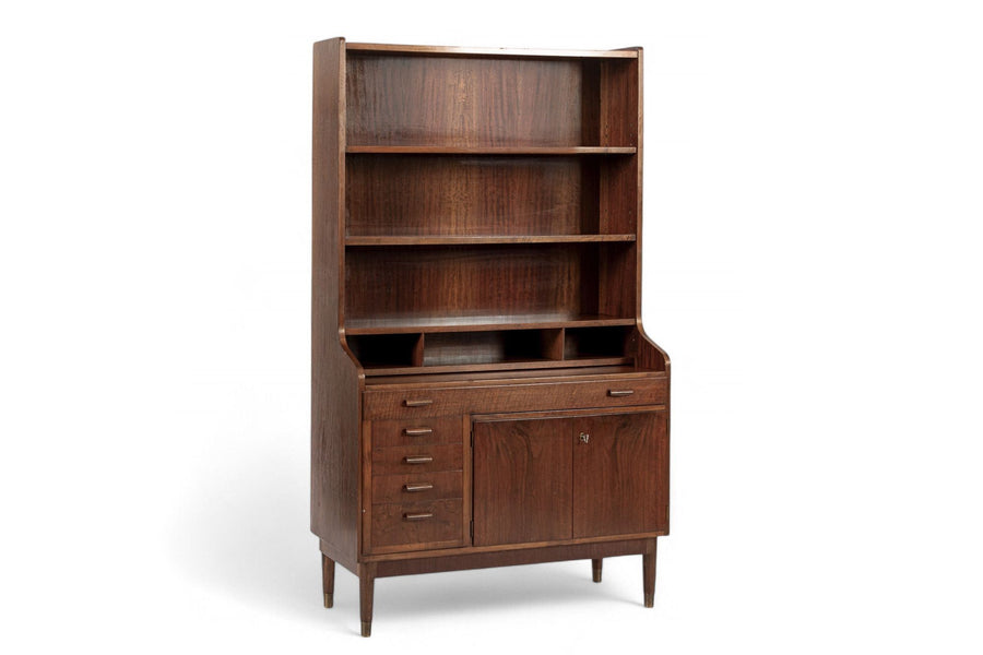 Mid Century Danish Walnut Wood Pull-Out Secretary Desk & Bookcase