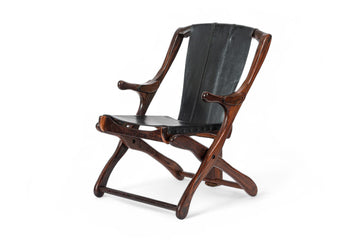 Mid Century Rosewood & Black Leather Folding Lounge Chair by Don Shoemaker